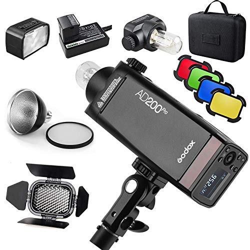 【Godox正規代理店&PSEマーク】Godox AD200Pro フラッシュストロボ ポケットサイズ 無線制御 高速同期など BD-07バーンドアとハニカムグリッド４色フィルターキット同梱